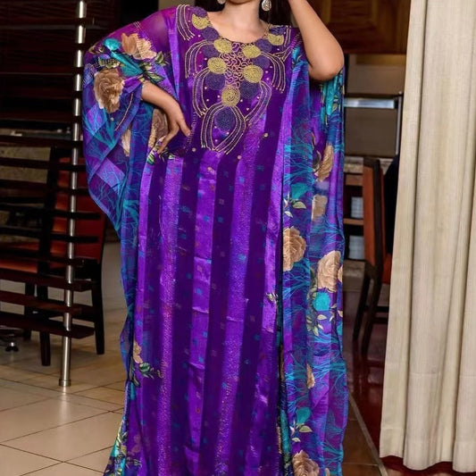 Middle East Muslim Beads Sequins Printing Long Robe African Dress