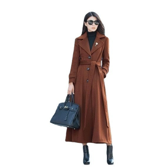 Thick Wool Slim-fit Hepburn Style Ultralong Overknee Overcoat For Women