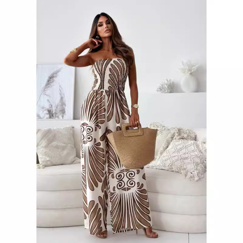 Off-shoulder Tube Top Smocking Fitted Waist Jumpsuit