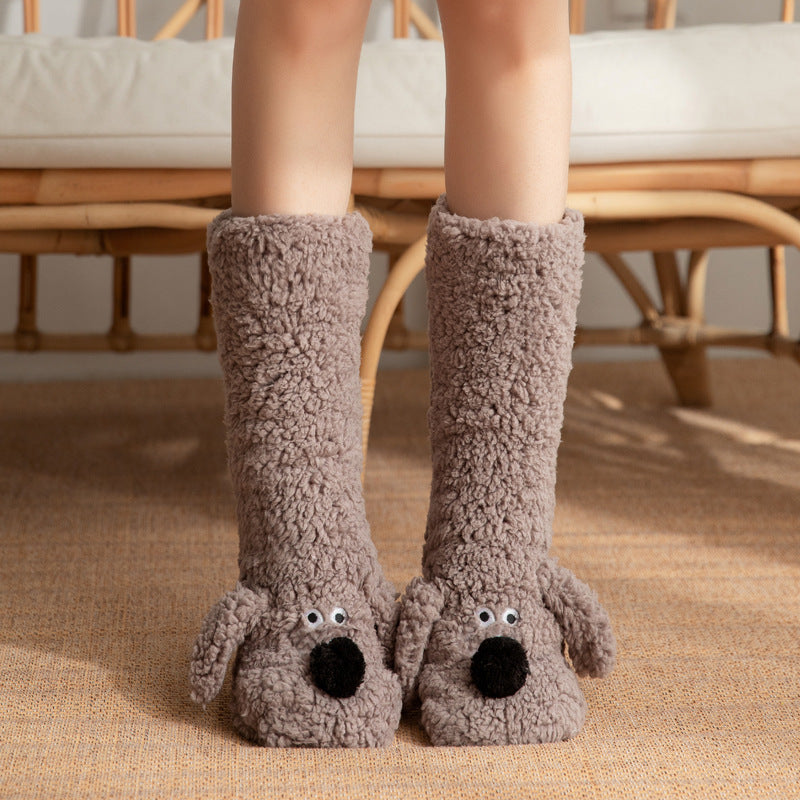 Cute Cartoon Dog Floor Socks Winter Warm Non-slip Plush Socks For Wamen