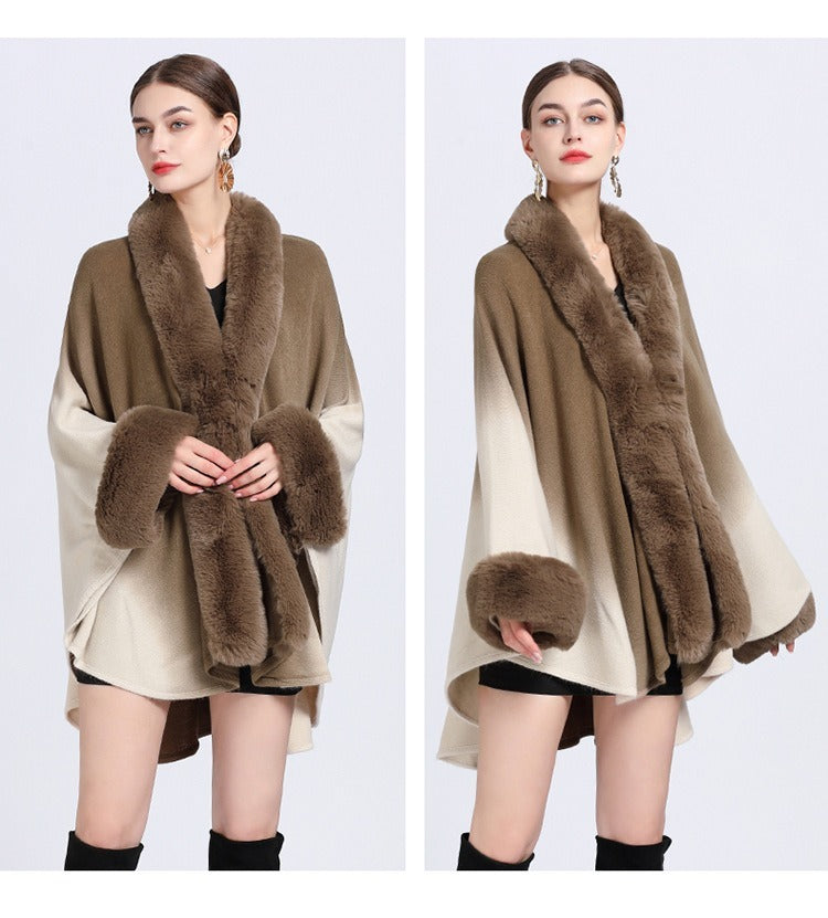 Rabbit Fur Collar Shawl Cape Knitted Cardigan Baggy Coat