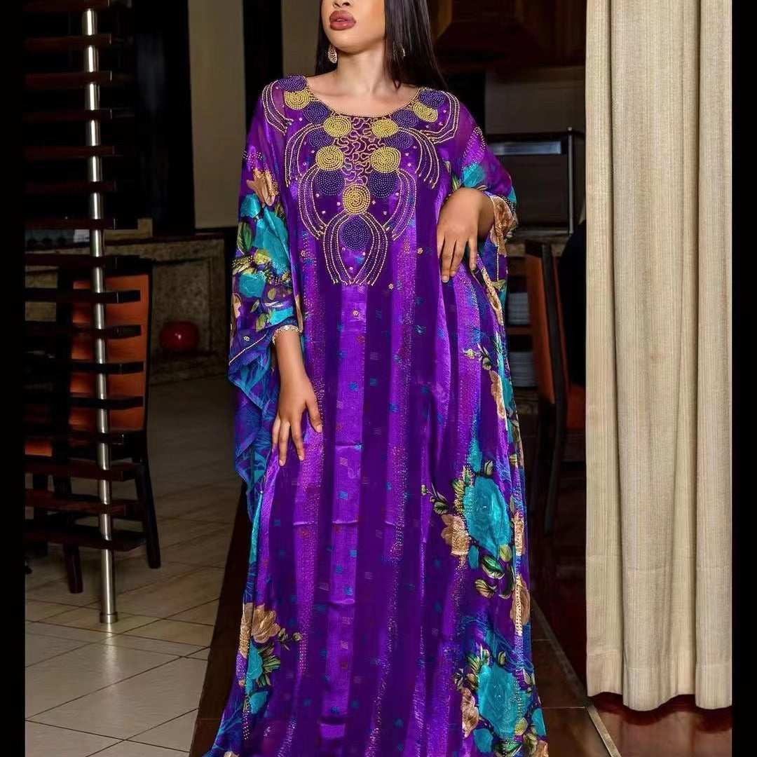 Middle East Muslim Beads Sequins Printing Long Robe African Dress