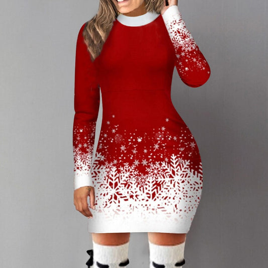 European And American Christmas Printed Long Sleeve Dress A-lineskirt Women