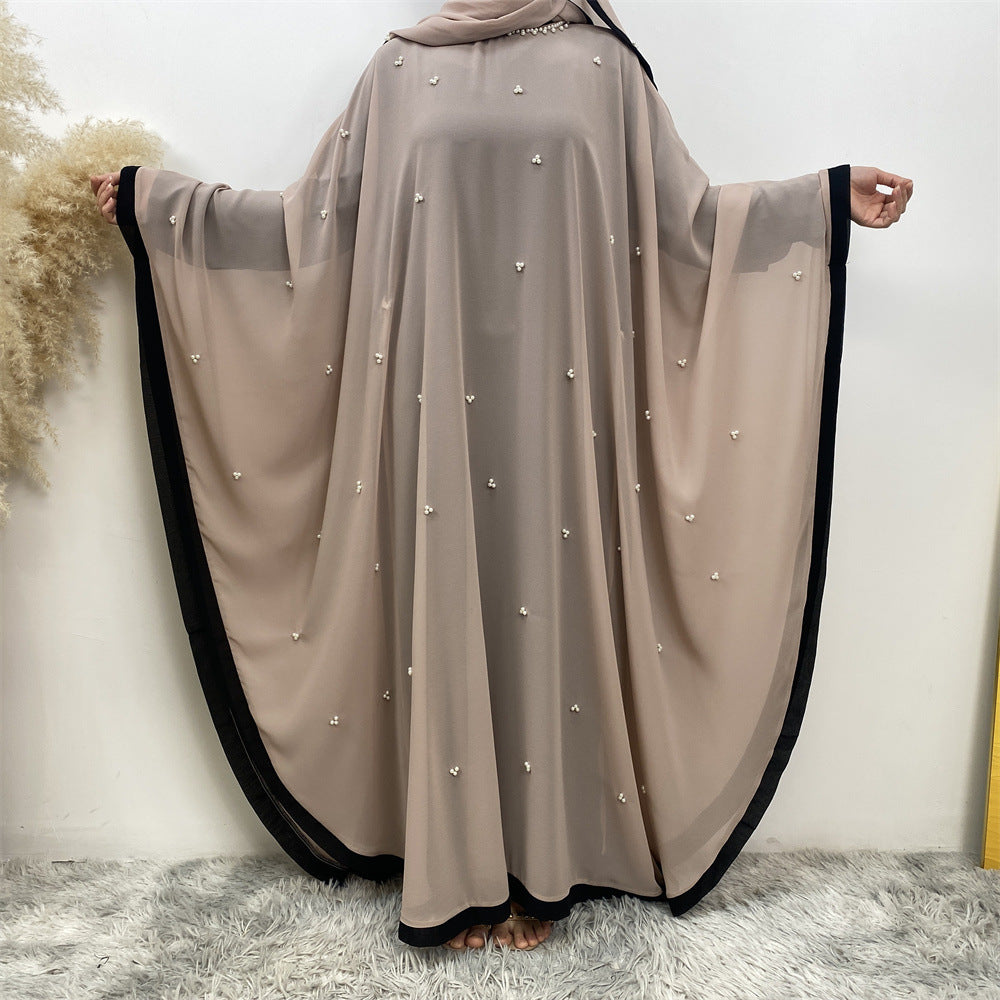 Middle East Turkey Fashion Chiffon Patchwork Elegant Loose Muslim Robe Bat Sleeve Dress