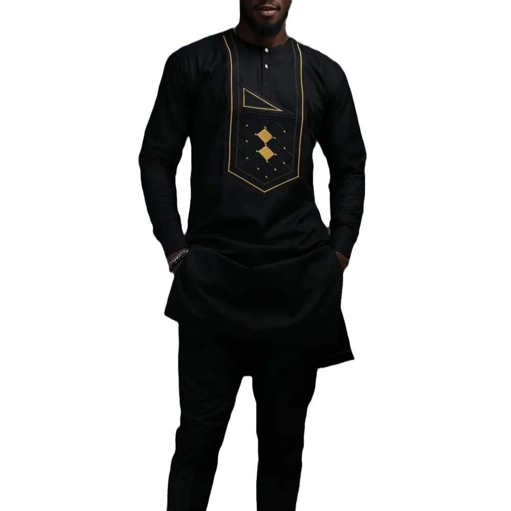 Black Embroidered Slim Fitting Men's Top And Pants Set