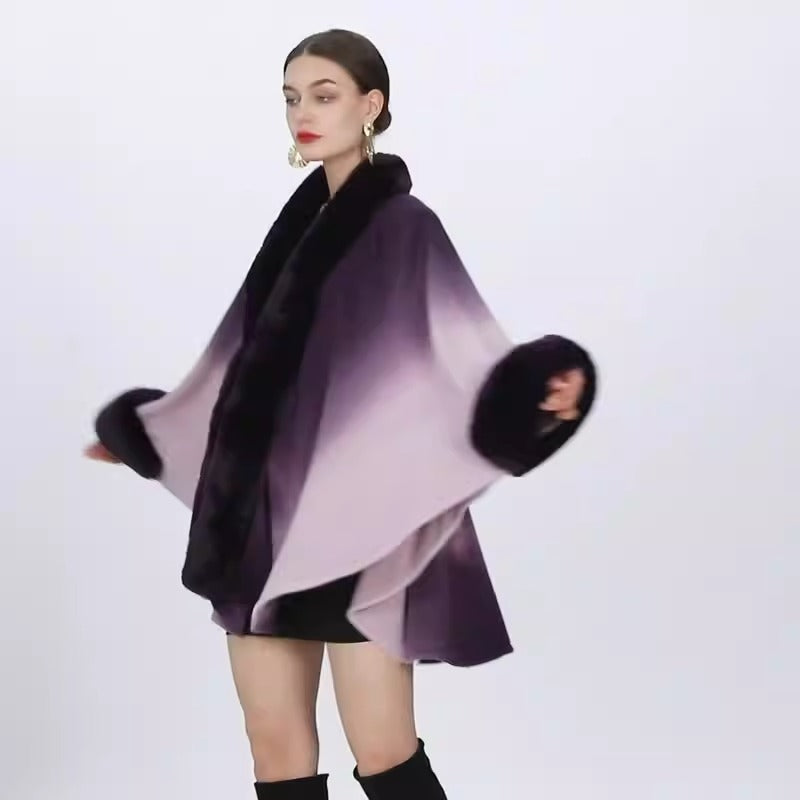 Rabbit Fur Collar Shawl Cape Knitted Cardigan Baggy Coat