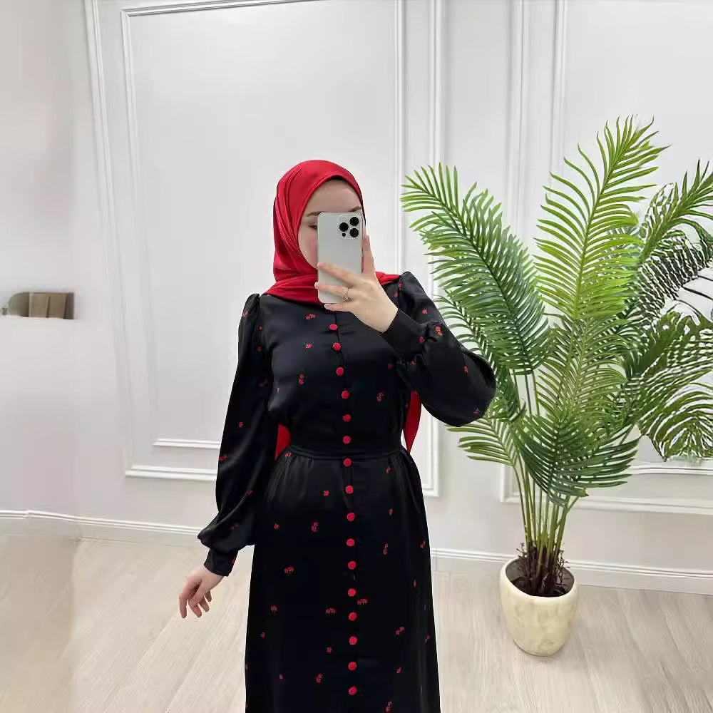 Muslim Style Short Sleeve Print Belt Women's Clothing Dress