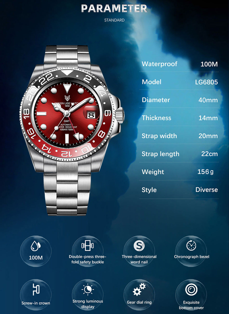 LIGE Men's Deep Waterproof GMT Clock Watch