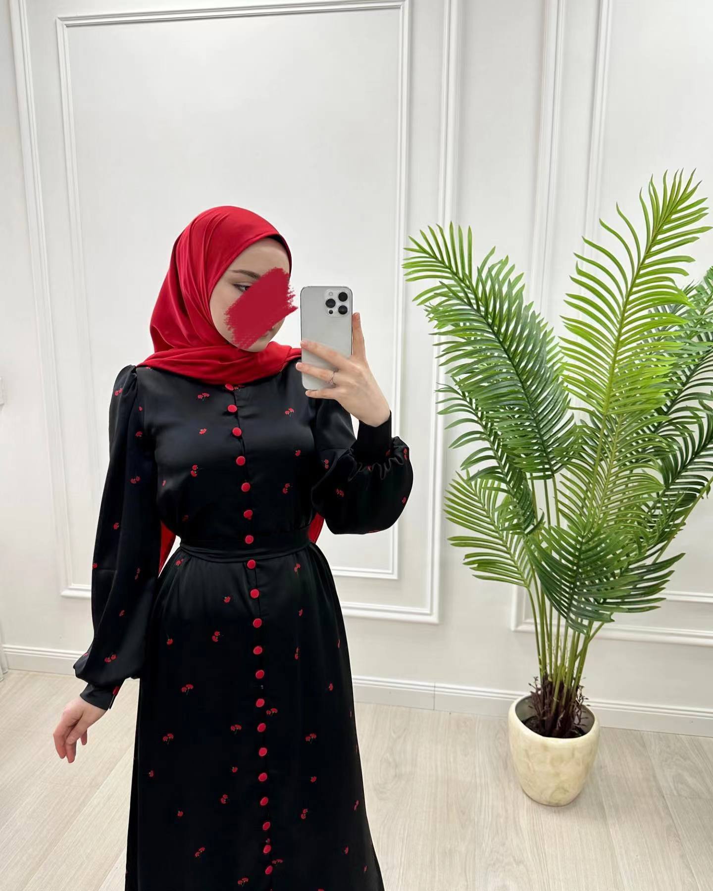 Muslim Style Short Sleeve Print Belt Women's Clothing Dress