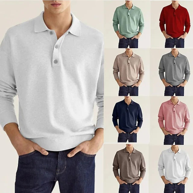 Spring Long Sleeve V-neck Button Men's Casual Top Polo Shirt