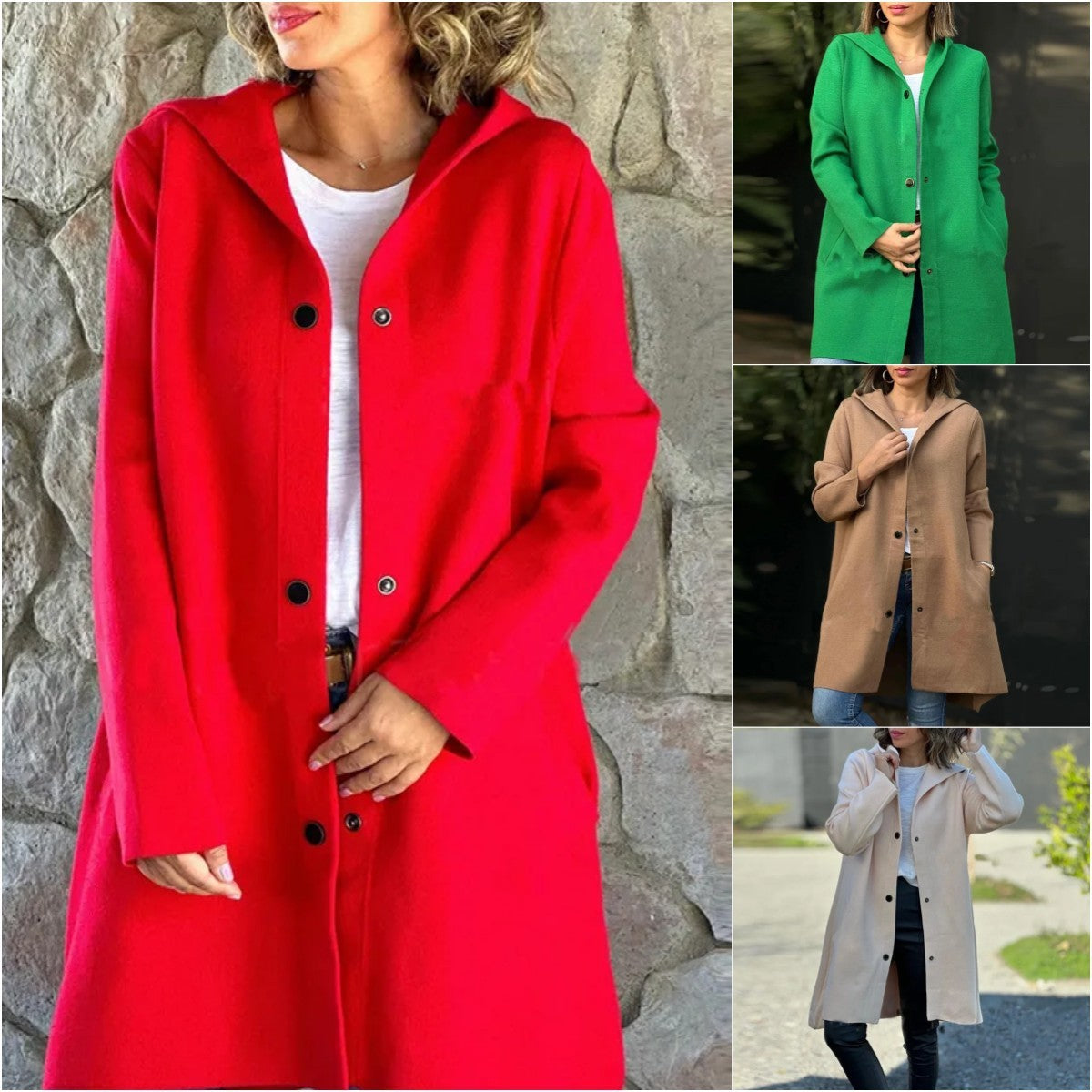 Autumn And Winter New Hooded Long Sleeve Solid Color Woolen Coat