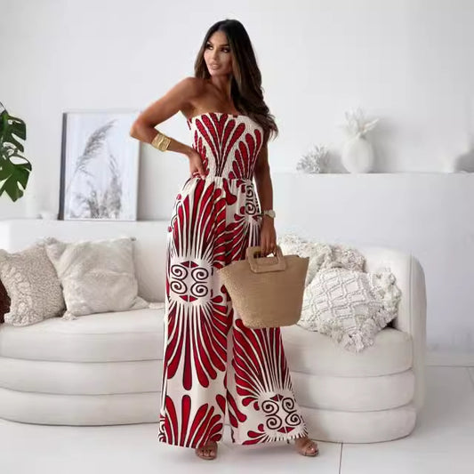 Off-shoulder Tube Top Smocking Fitted Waist Jumpsuit