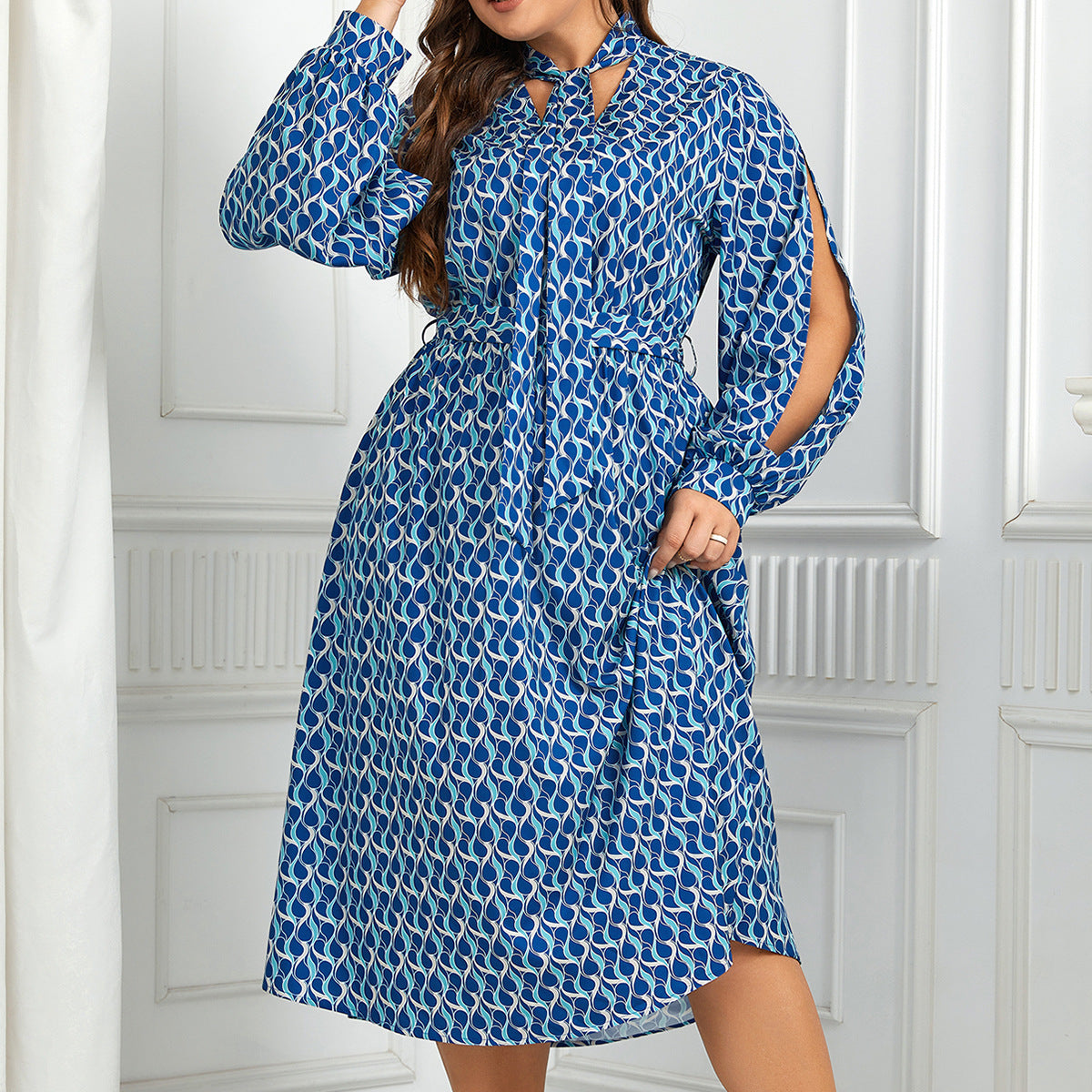 European And American High Waist Print Long Puff Sleeve Dress