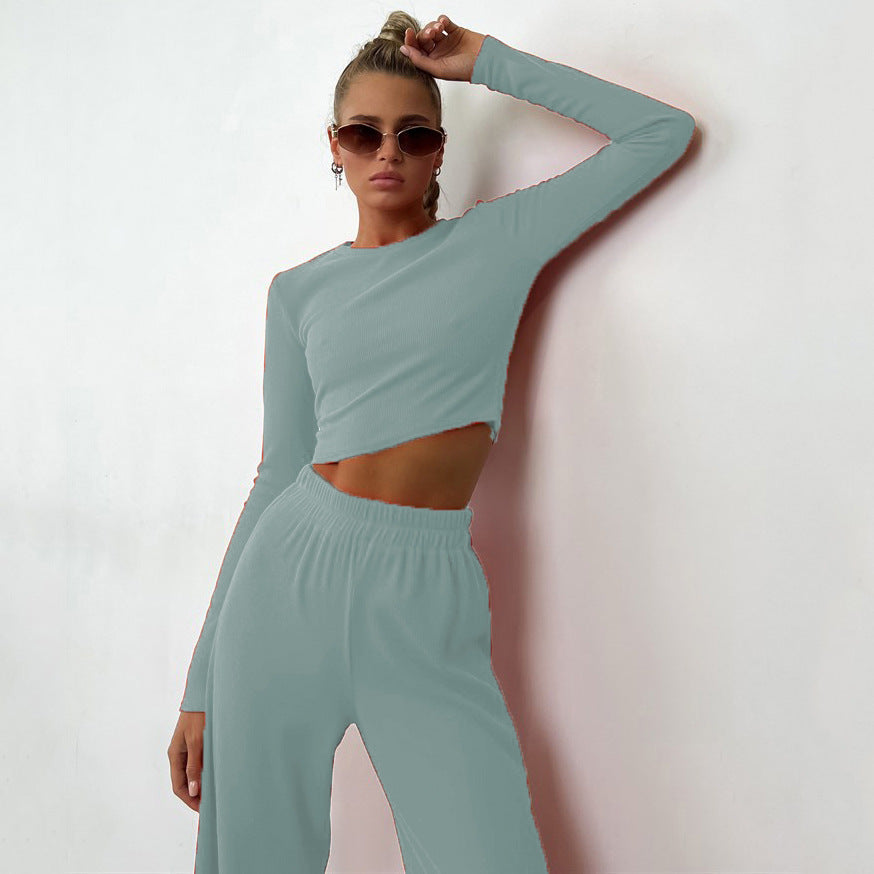 Women's Long Sleeve Fashion Sunken Stripe Trousers Two-piece Set