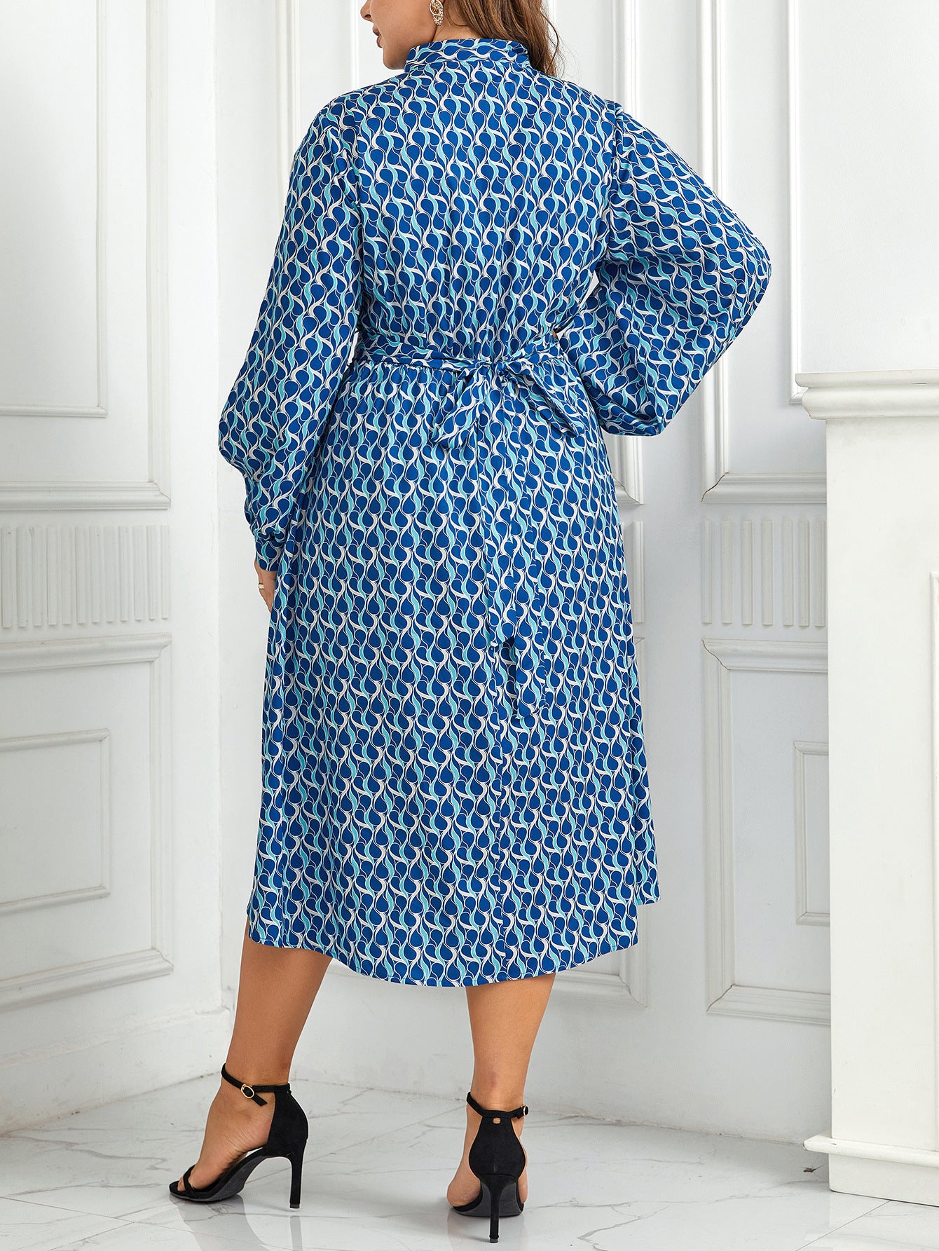 European And American High Waist Print Long Puff Sleeve Dress