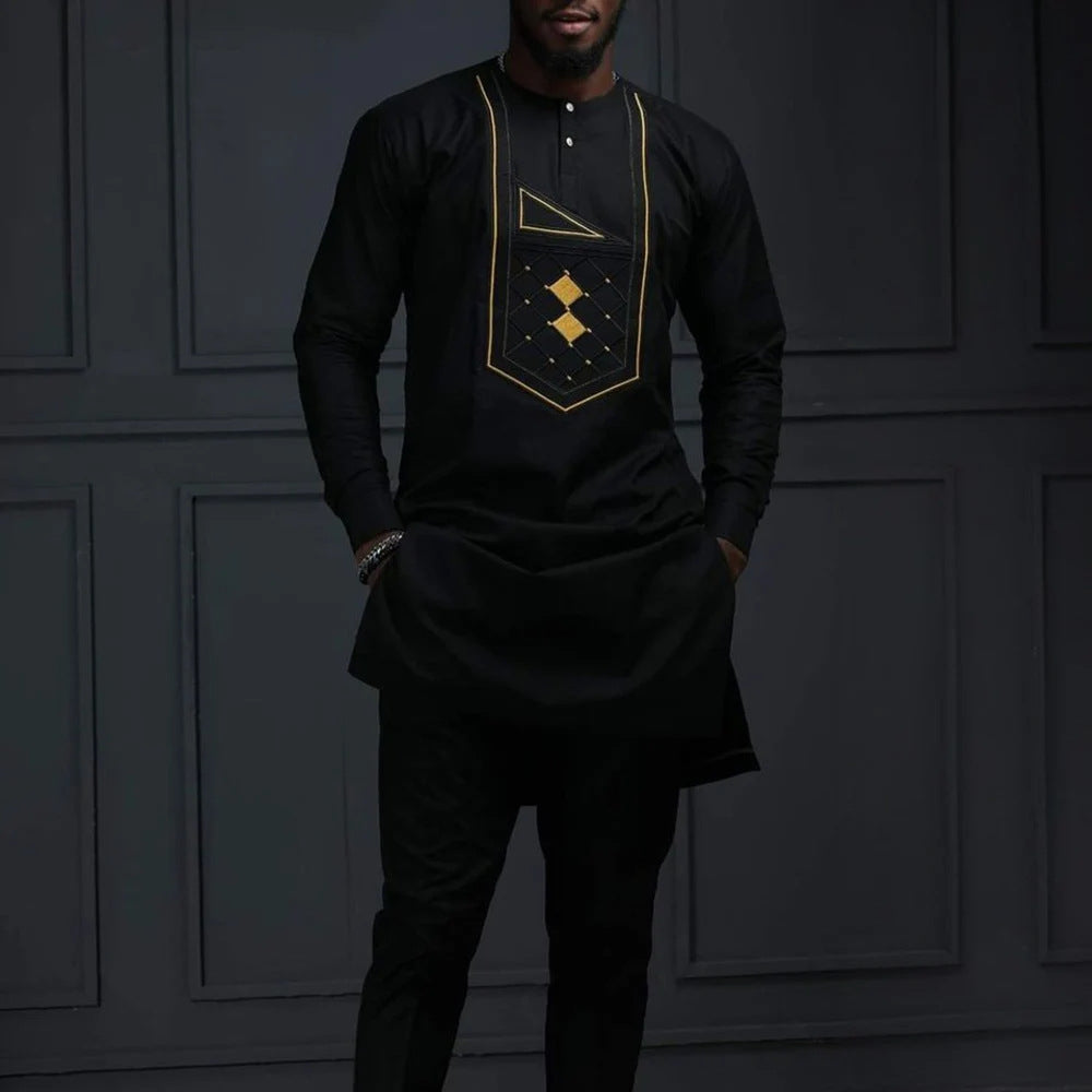 Black Embroidered Slim Fitting Men's Top And Pants Set