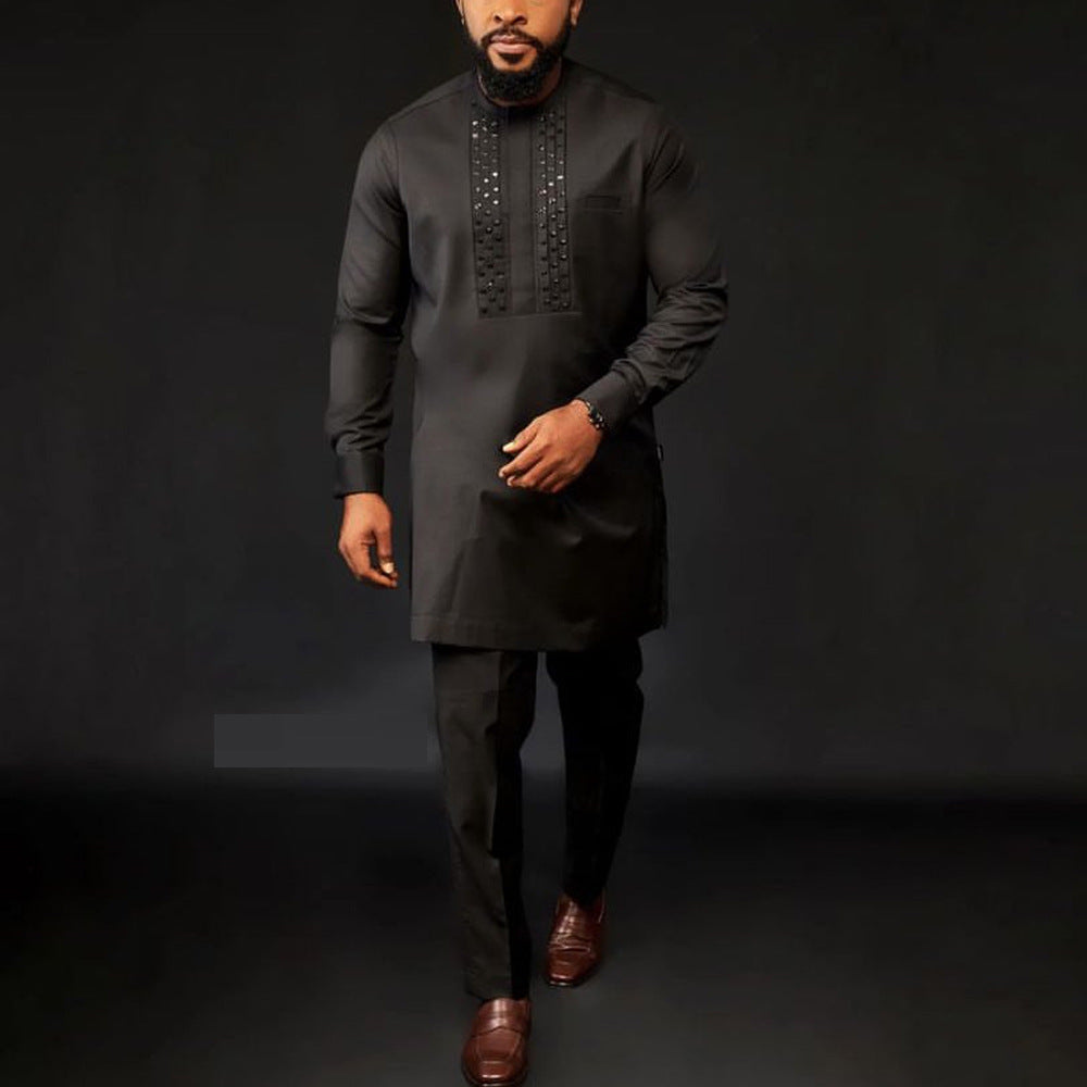 New African Ethnic Style Men's Suit Rhinestone Shirt And Solid Color Pants