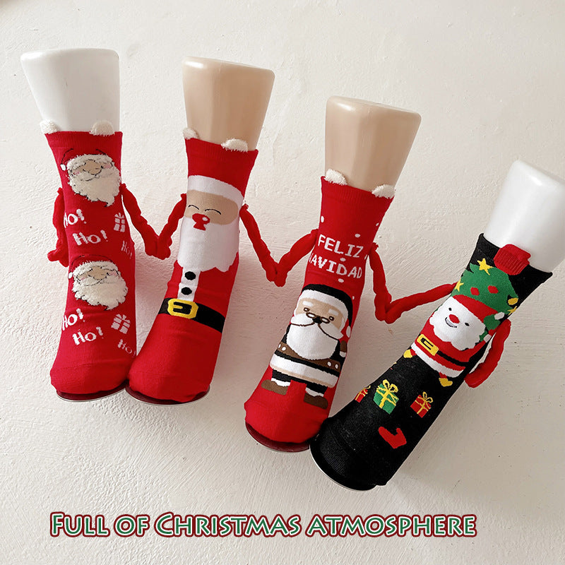 Christmas Magnetic Socks Cute Elk Santa Claus Snowman Hand-holding Socks For Couple