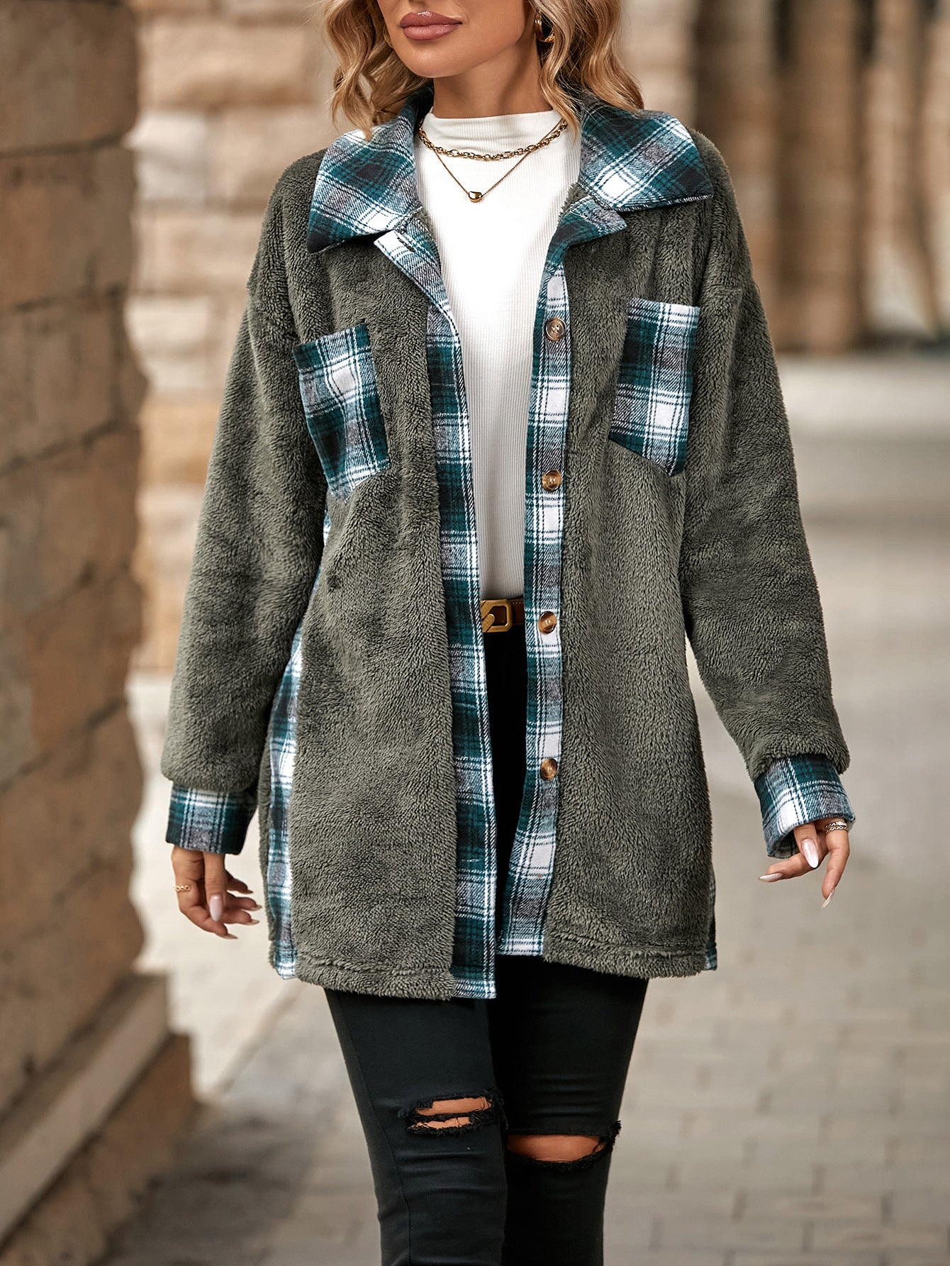 Plaid Woolen Coat Fashion Lapel Single-breasted Mid-length Coat Women's Clothing