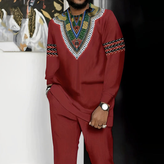 New African Men's Ethnic Suit Embroidered Long-sleeved Trousers