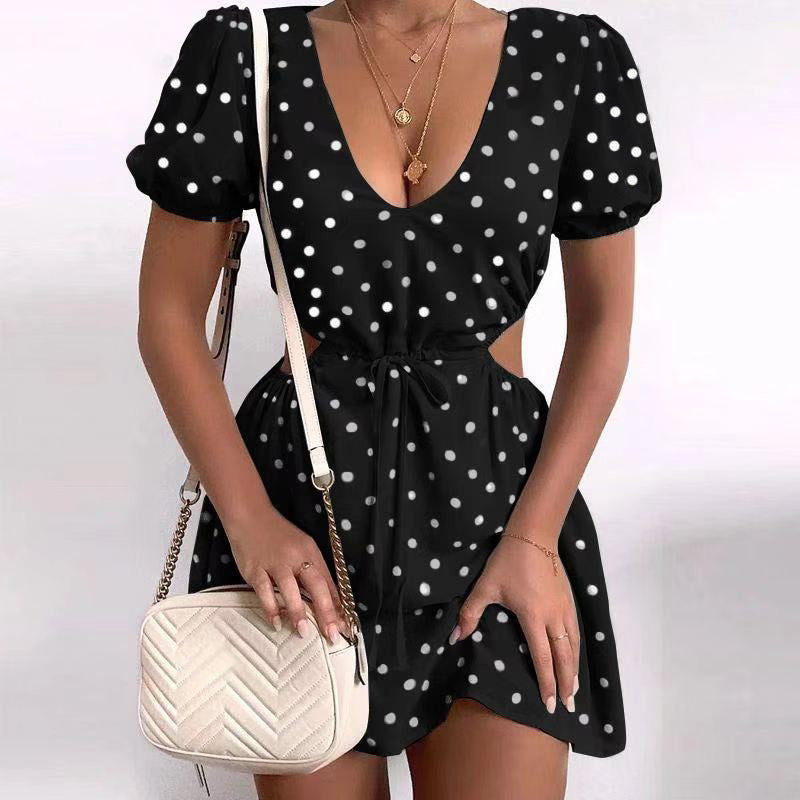 V-neck Dotted Prints Hollow-out Waist Short Sleeve Dress