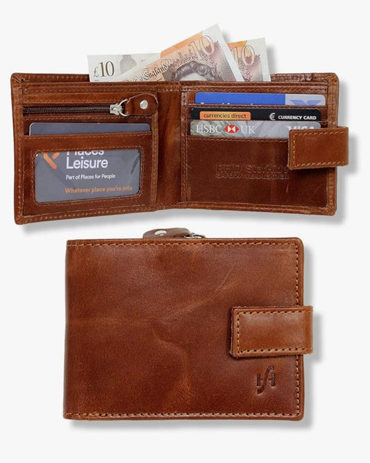 STARHIDE Men's RFID-Blocking Real Leather Billfold Wallet with a Side Zip Coin Pocket in Tan.