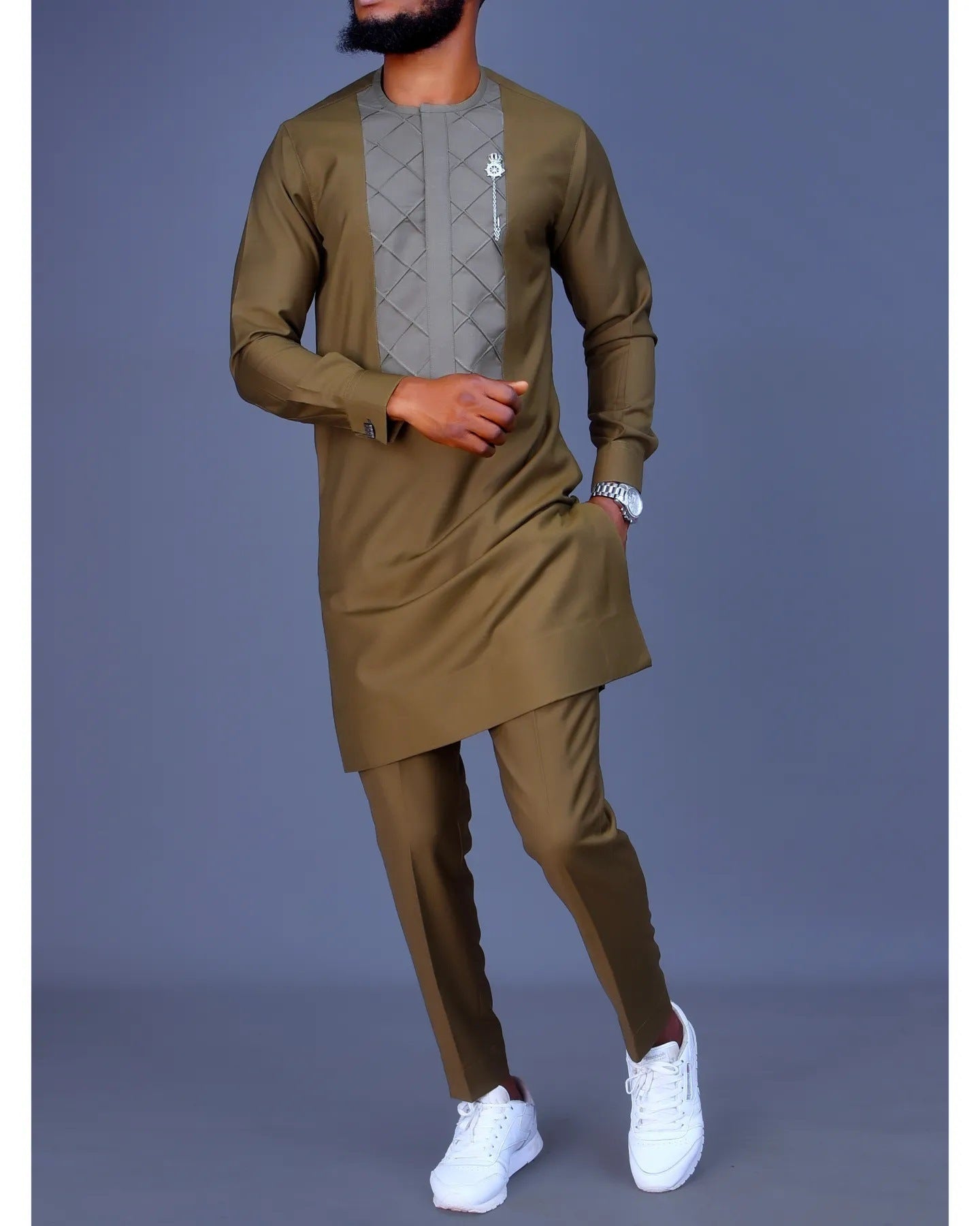 Long Sleeve Crew Neck Embroidered African Simple Men's Casual Suit