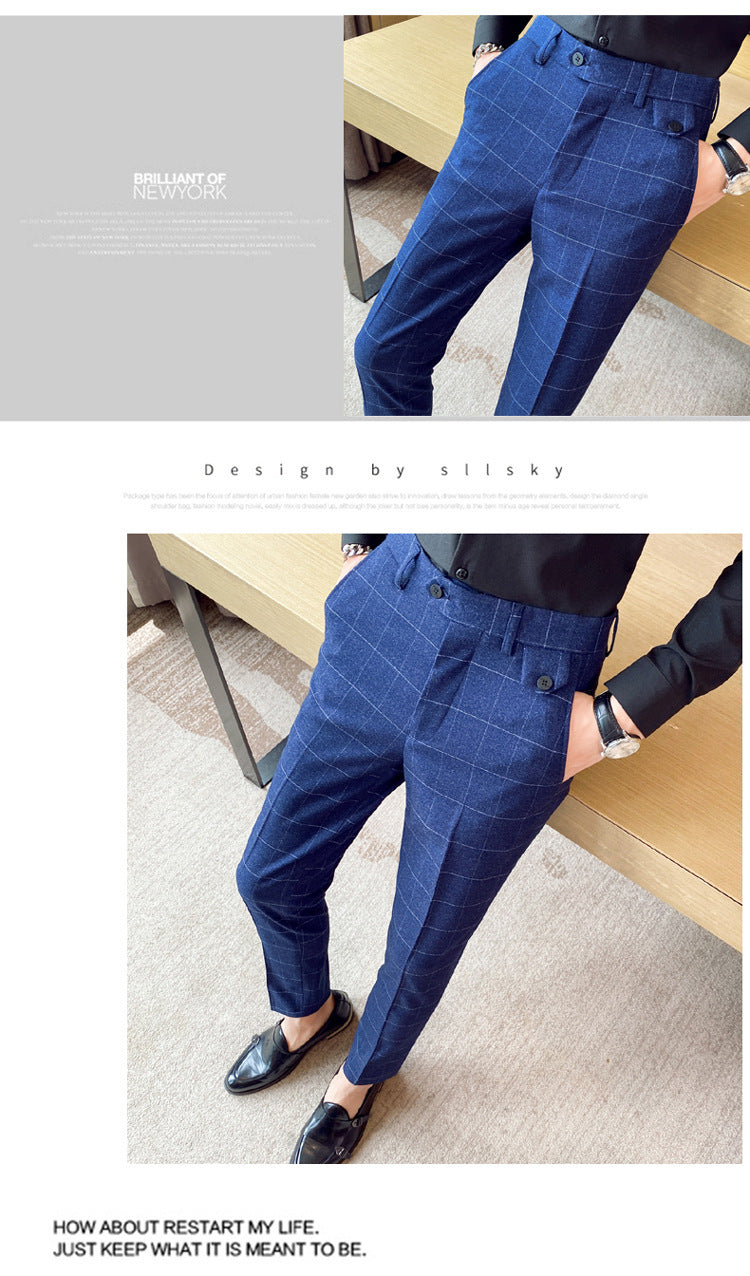 Korean Style British Classic Checkered Elegant Slim Fit Men's Best Man Pencil Pants Suit Pants