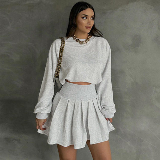 Long Sleeve Sweater Pleated Skirt Two-piece Suit