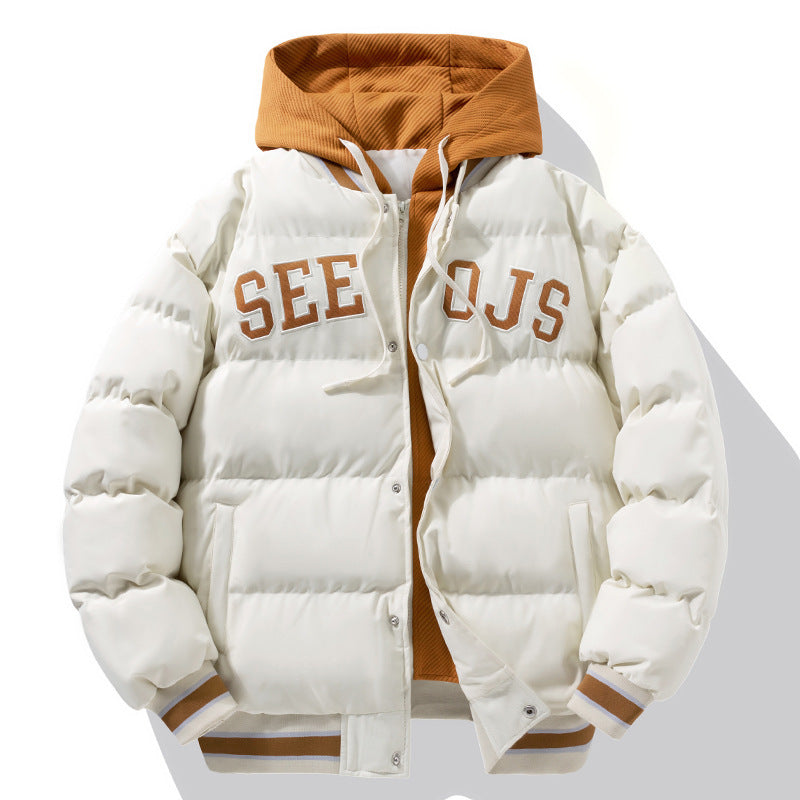 Fashion Letter Hooded Cotton Coat Winter Warm Solid Zipper Jacket For Men Teenagers Clothing