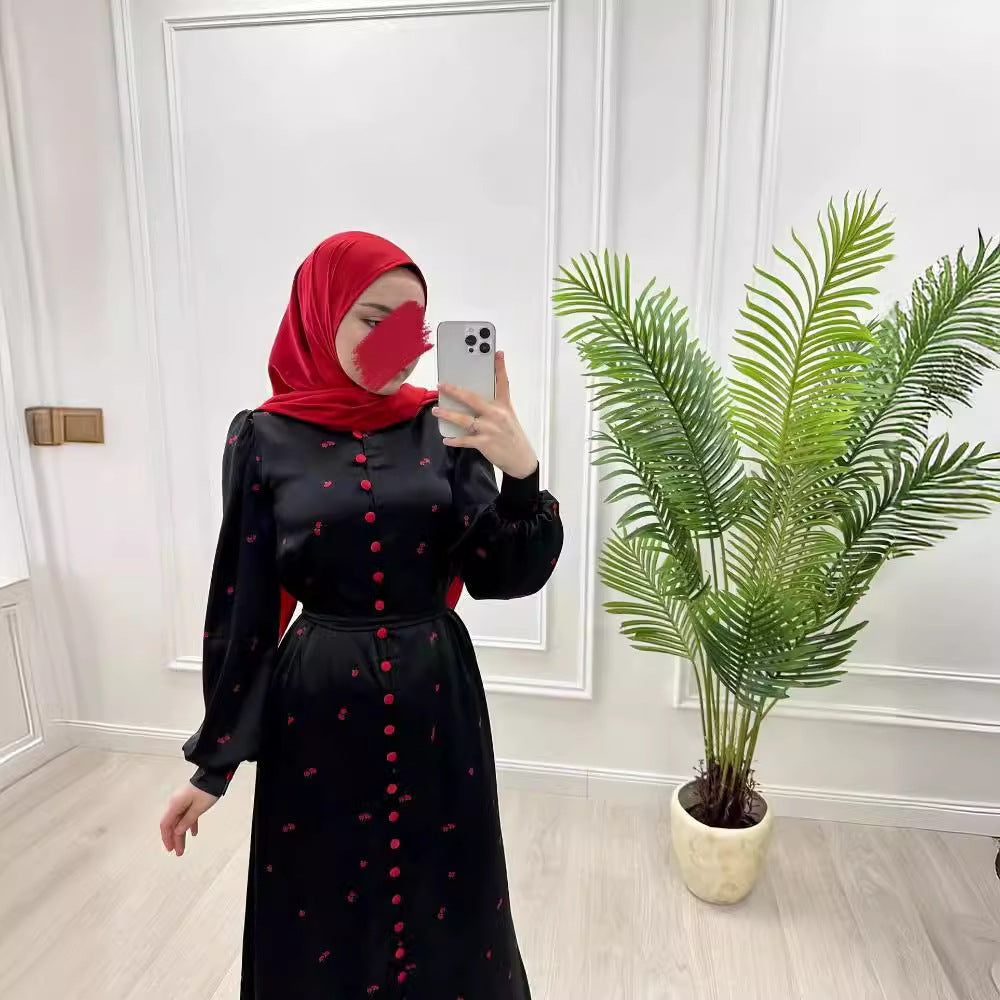 Muslim Style Short Sleeve Print Belt Women's Clothing Dress