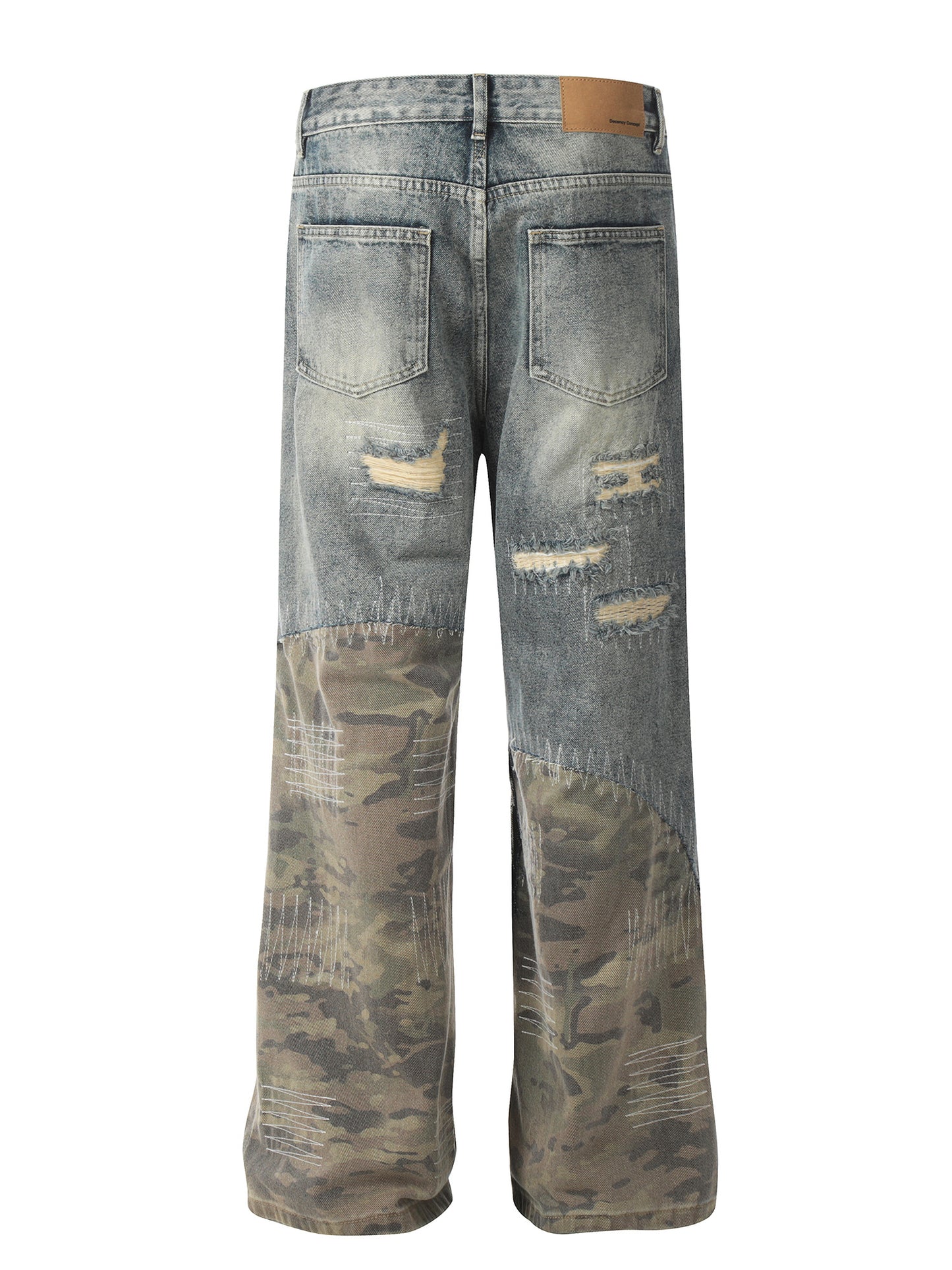 Retro Camouflage Stitching Ripped Jeans