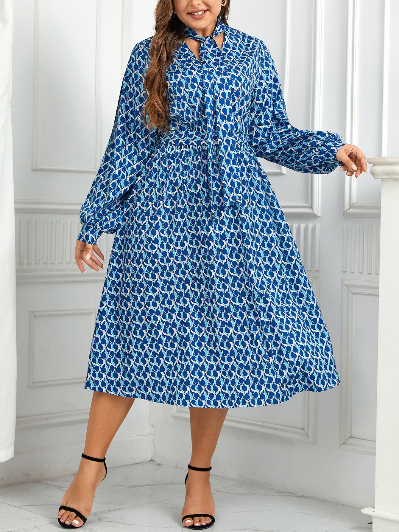 European And American High Waist Print Long Puff Sleeve Dress