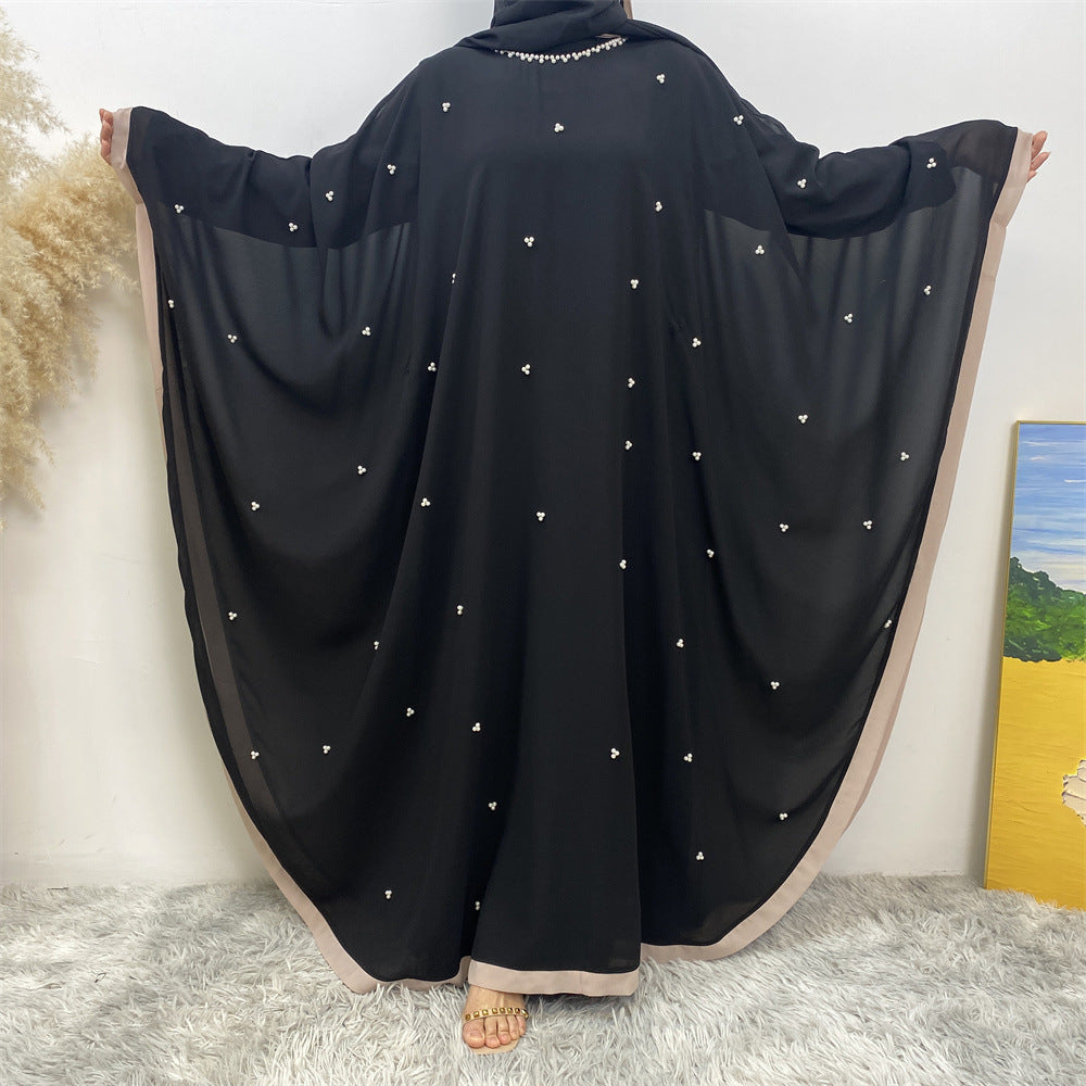 Middle East Turkey Fashion Chiffon Patchwork Elegant Loose Muslim Robe Bat Sleeve Dress