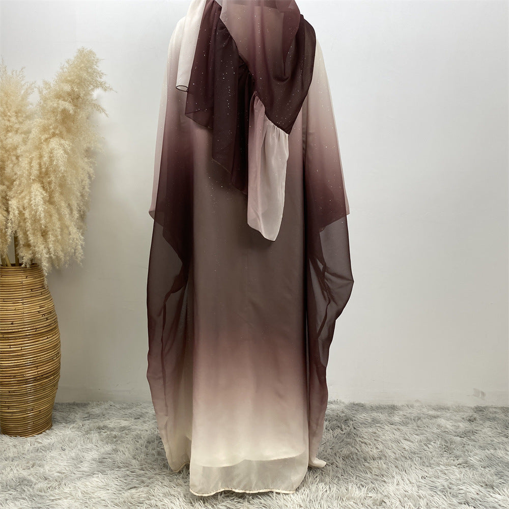 Middle East Muslim Chiffon Cardigan Gradient Batwing Sleeve With Headscarf Suit