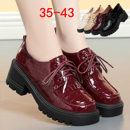 New Genuine Leather Chunky Heel Platform Lace-up Leather Shoes