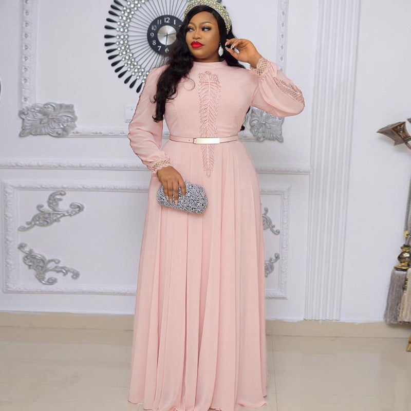 African Plus Size Long Sleeve Big Hem Chiffon Dress