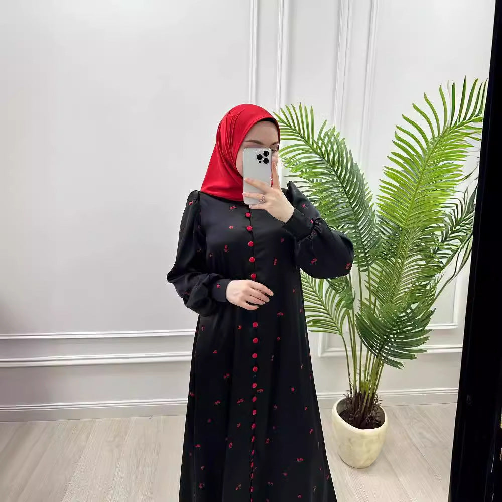 Muslim Style Short Sleeve Print Belt Women's Clothing Dress