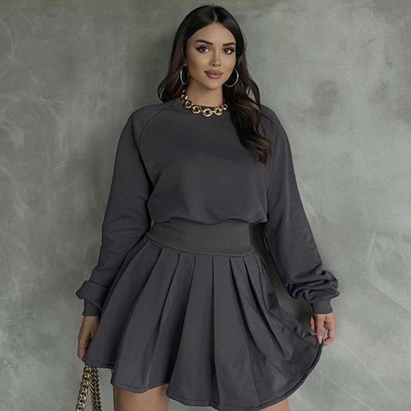 Long Sleeve Sweater Pleated Skirt Two-piece Suit