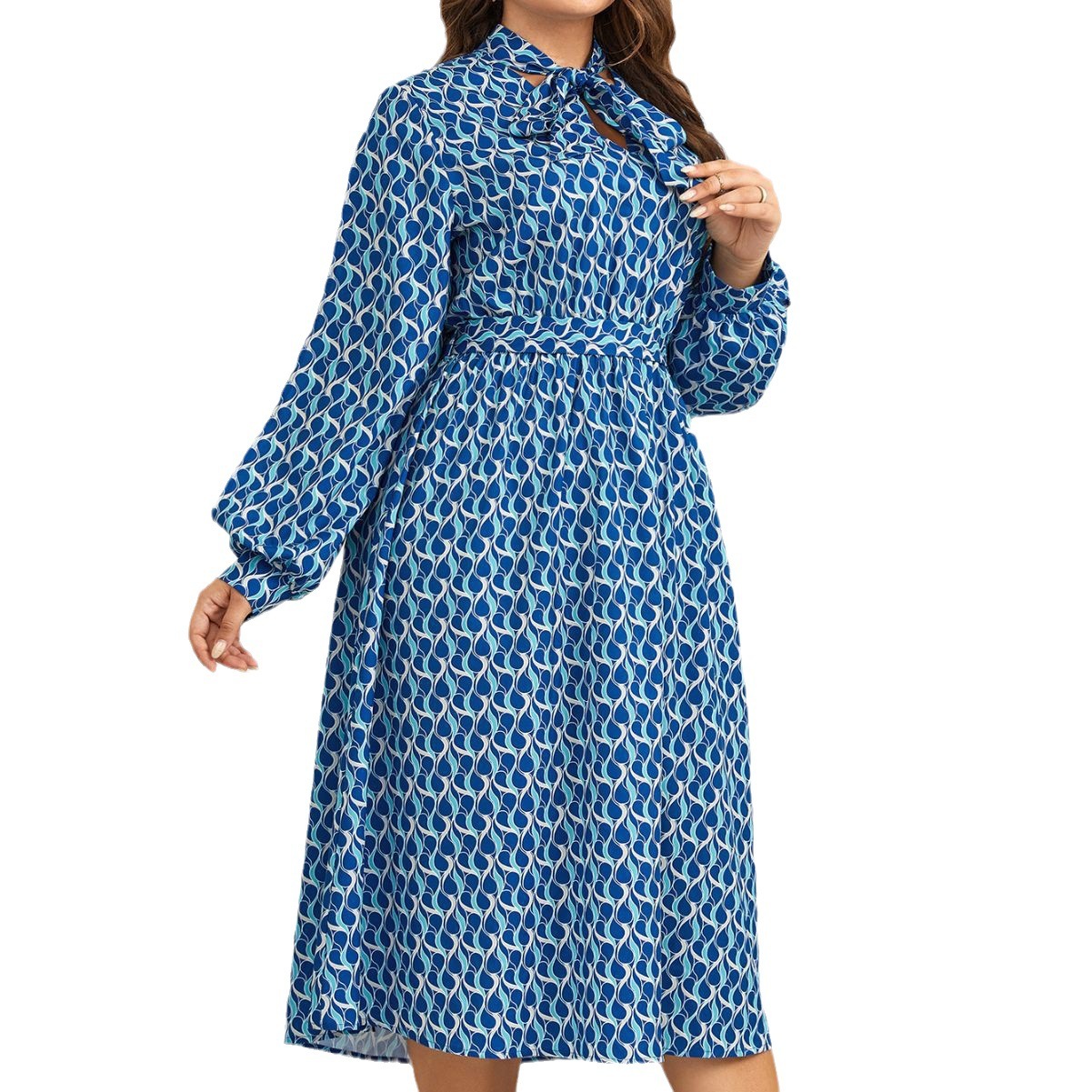 European And American High Waist Print Long Puff Sleeve Dress