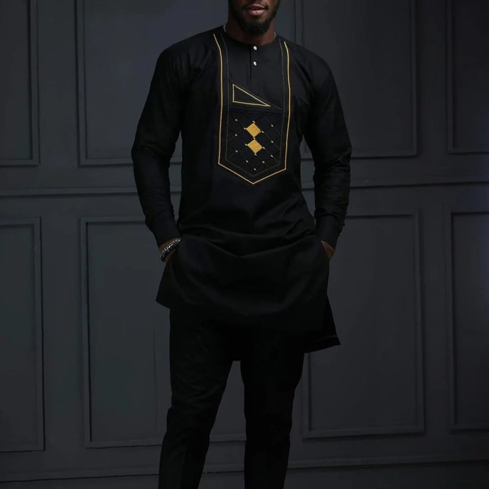 Black Embroidered Slim Fitting Men's Top And Pants Set