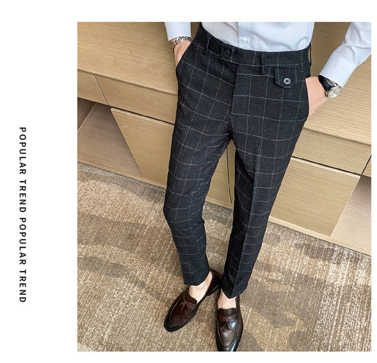 Korean Style British Classic Checkered Elegant Slim Fit Men's Best Man Pencil Pants Suit Pants