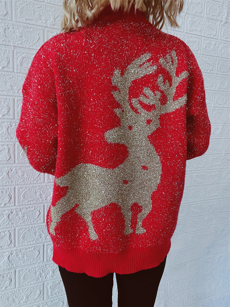 Women's Fashion Gold Thread Brushed Jacquard Large Snowflake Elk Christmas Sweater