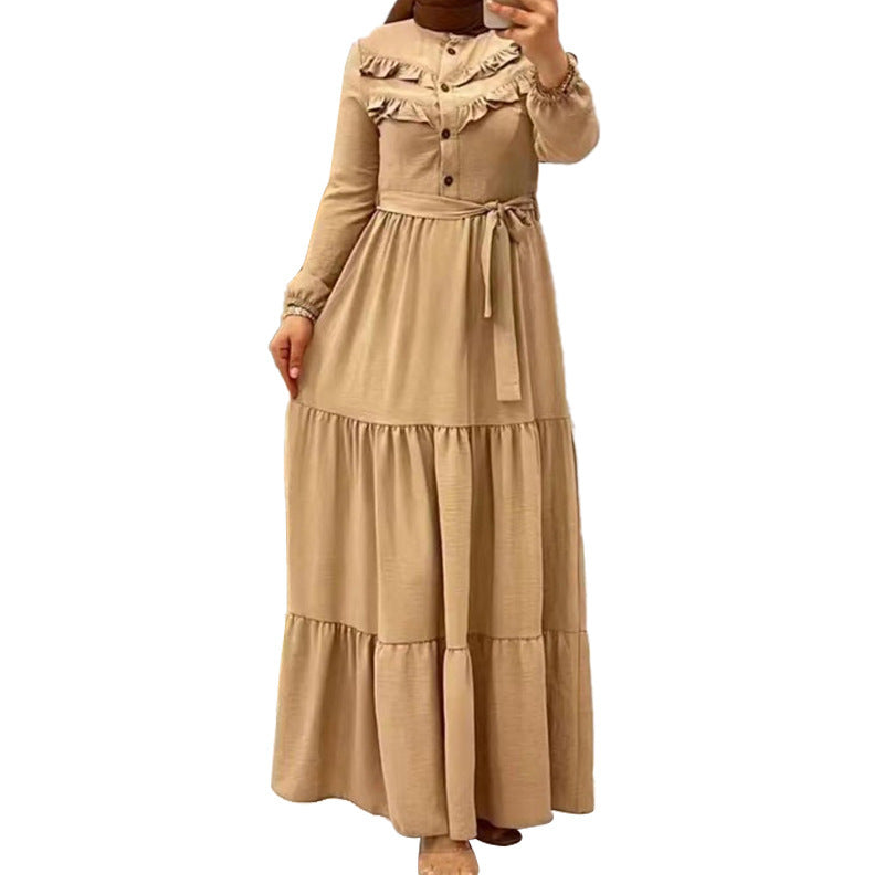 New Muslim Robe Solid Color With Belt Fashion Casual Dress