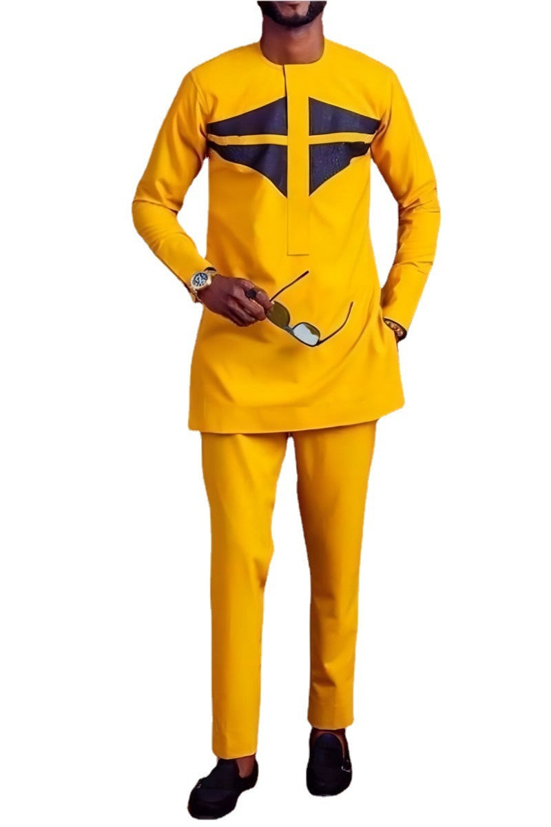 African Ethnic Style Casual Suit Yellow Shirt And Trousers 2-piece Suit