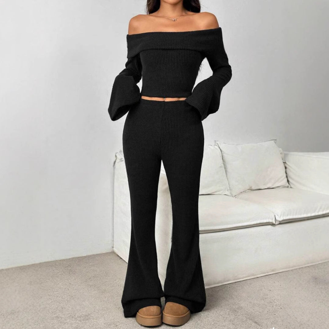 Off-neck Skinny Long-sleeved Trousers Knitting Suit