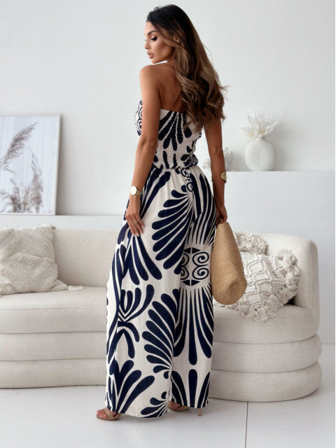 Off-shoulder Tube Top Smocking Fitted Waist Jumpsuit