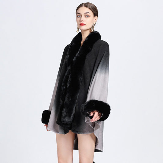 Rabbit Fur Collar Shawl Cape Knitted Cardigan Baggy Coat