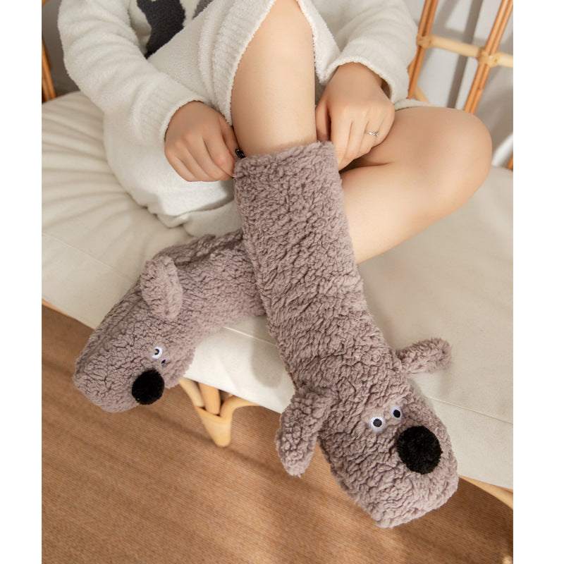 Cute Cartoon Dog Floor Socks Winter Warm Non-slip Plush Socks For Wamen