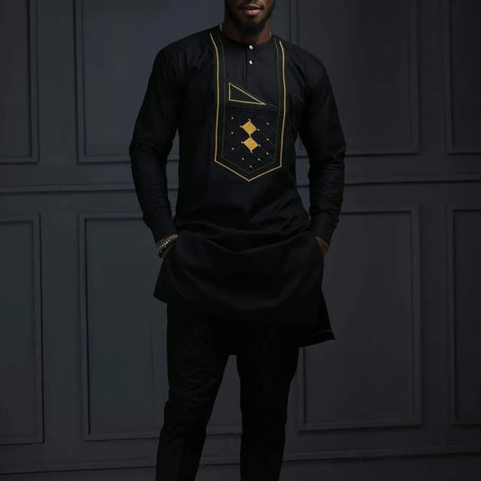 Black Embroidered Slim Fitting Men's Top And Pants Set